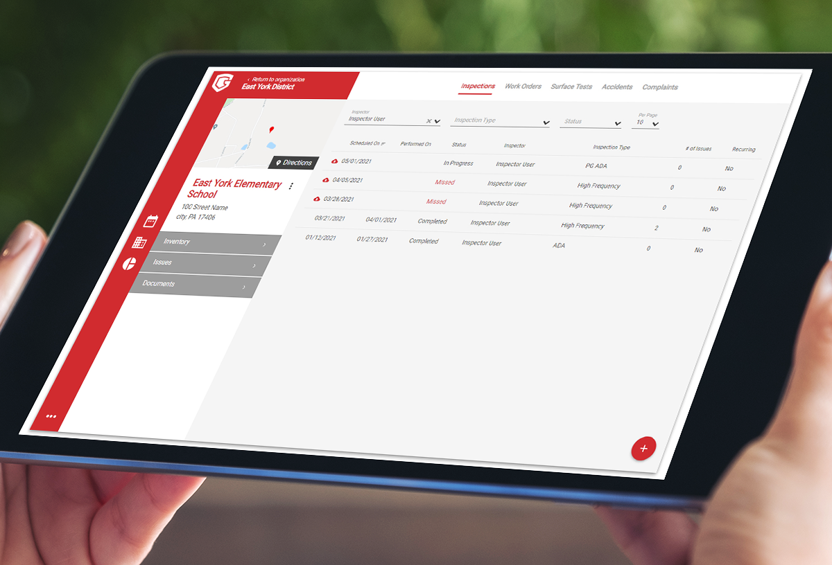 The Park Protector app (shown on a tablet) allows you to manage and inspect playgrounds easily.